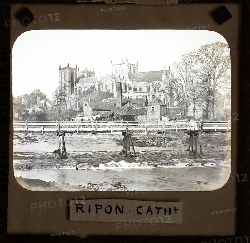 Magic lantern slide of Ripon cathedral church from River Ure, Ripon, North Yorkshire, England, UK c 1900