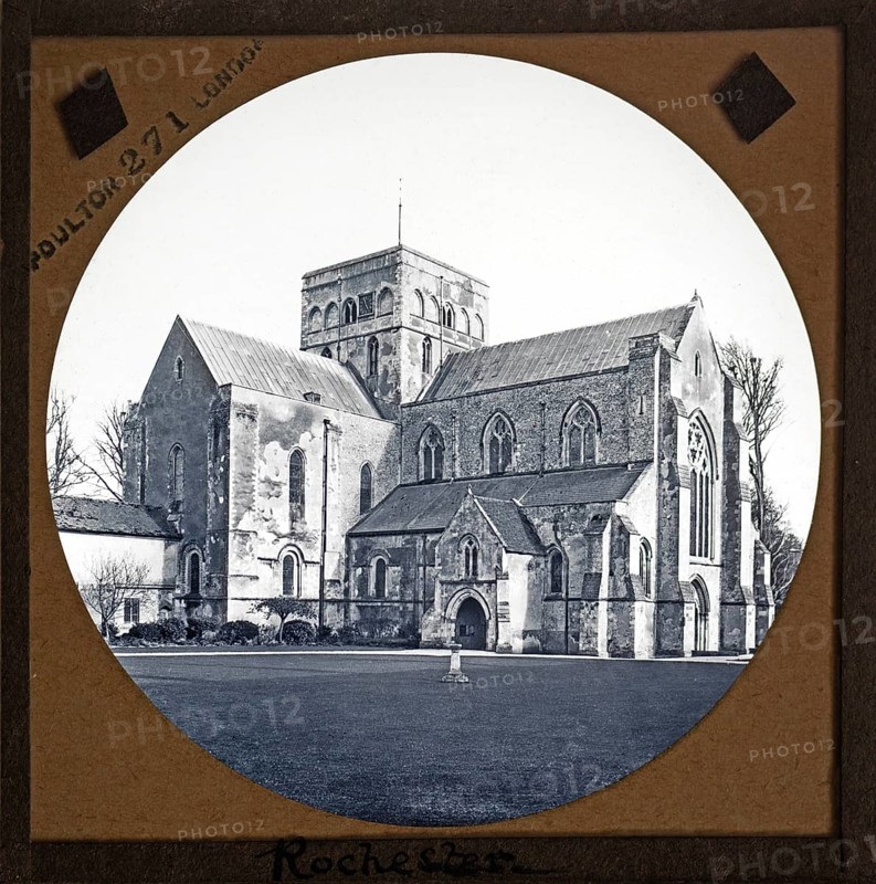 Magic lantern slide by Poulton of Rochester cathedral church, Kent, England, UK c 1900