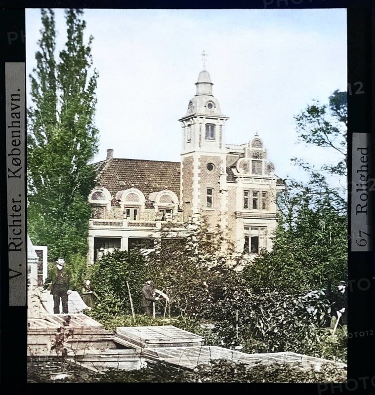 Garden and mansion house at Rolighed, Skodsborg, Denmark, c 1900 where Hans Christian Andersen died in 1875 by V Richter colourised version