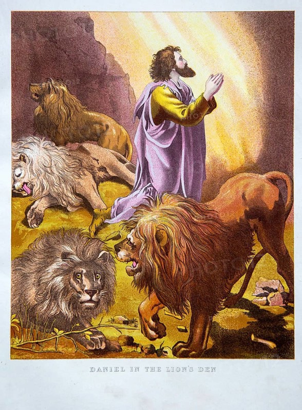 Nineteenth century Victorian Bible story illustration in Chromo-Lithography, Daniel in the Lion's Den