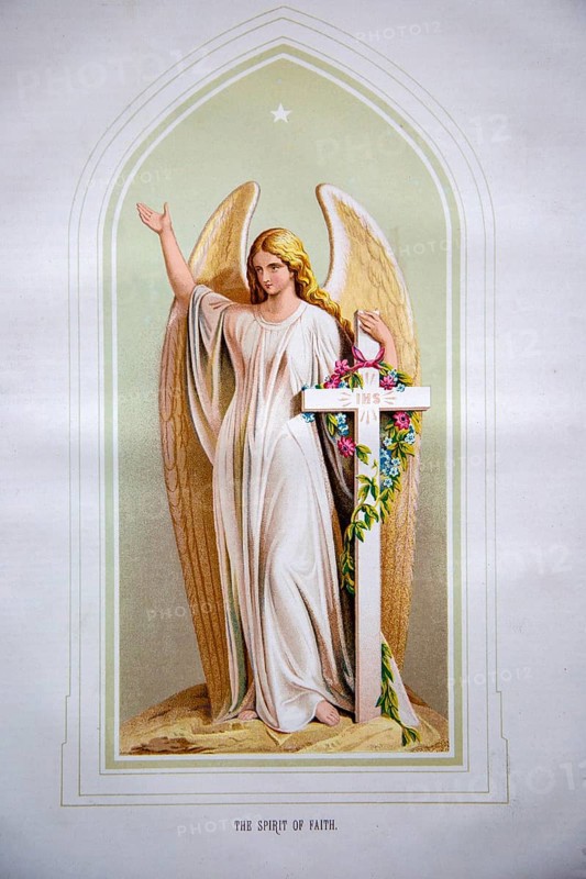 Nineteenth century Victorian Bible story illustration in Chromo-Lithography, The Spirit of Faith winged angel