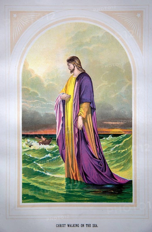 Nineteenth century Victorian Bible story illustration in Chromo-Lithography, Christ Walking on the Sea