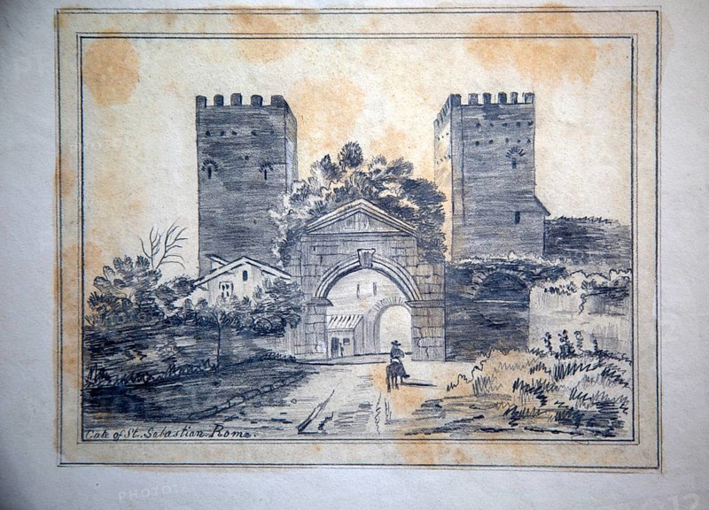 The Gate of Saint Sebastian, Rome, Italy original pencil drawing artwork 19th century