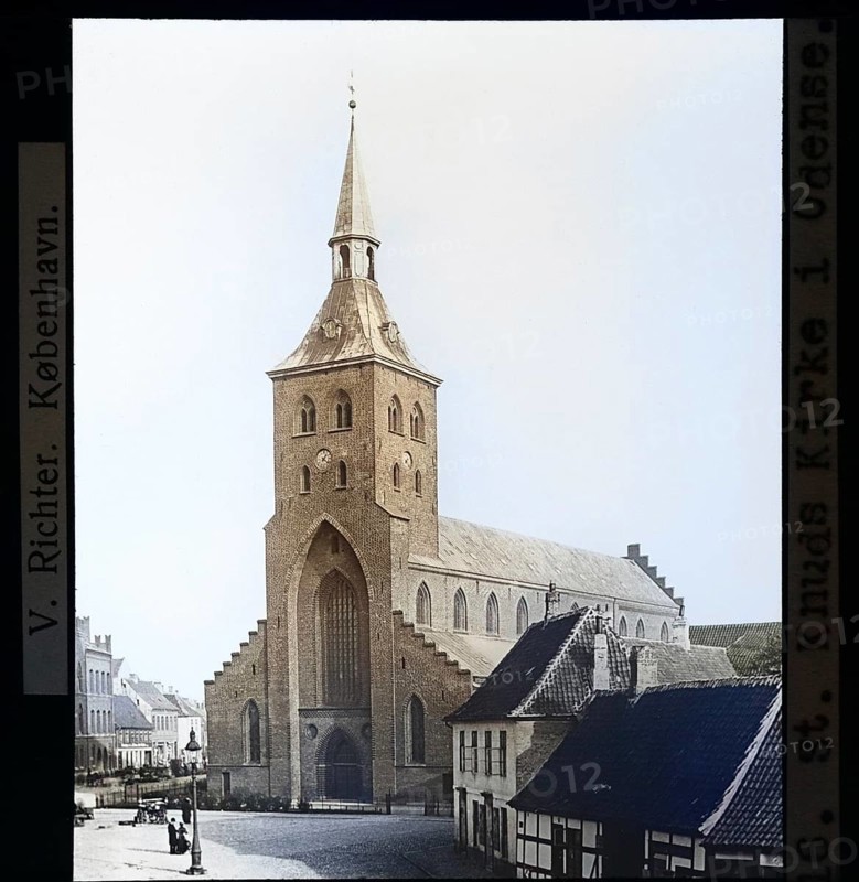 Colourised version St Knuds or Knuts, St Canute's Cathedral church built 1300s, Odense, Denmark c 1900 by V Richter