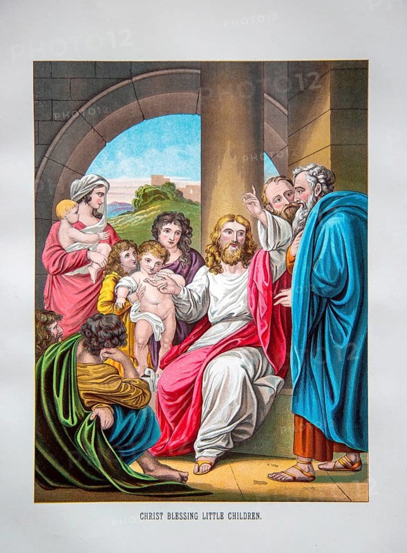 Nineteenth century Victorian Bible story illustration in Chromo-Lithography, Jesus Christ Blessing Little Children