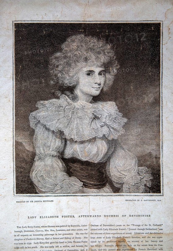 Lady Elizabeth Foster, Duchess of Devonshire, painted by Sir Joshua Reynolds, engraving by F Bartlolozzi
