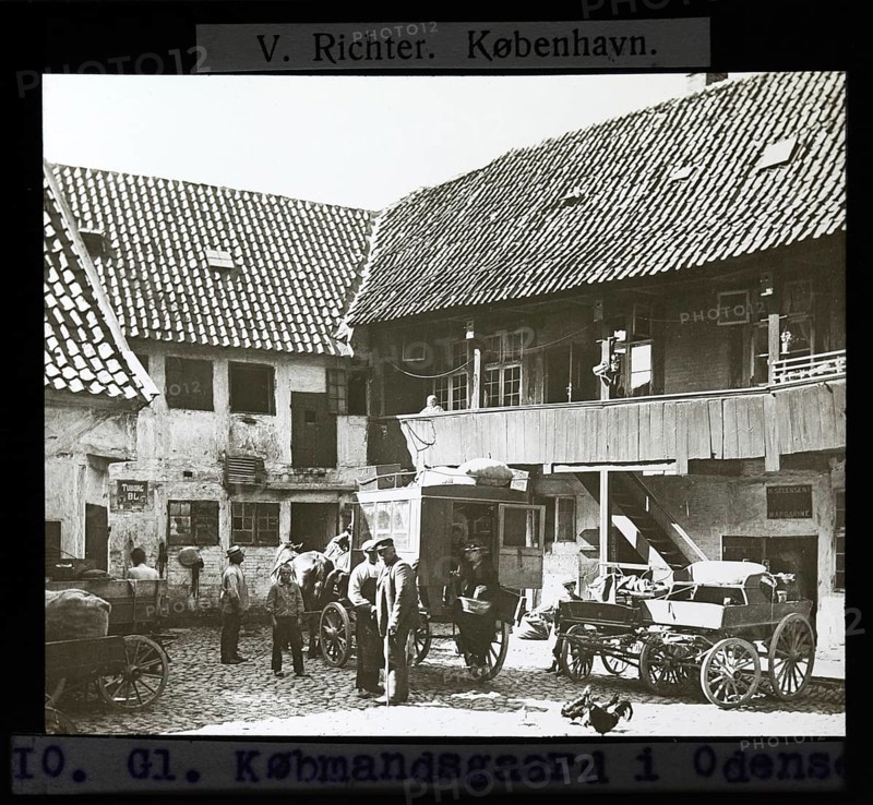 Købmandsgaard, horse and carriage in merchant's yard, Odense, Denmark c 1900 by V Richter