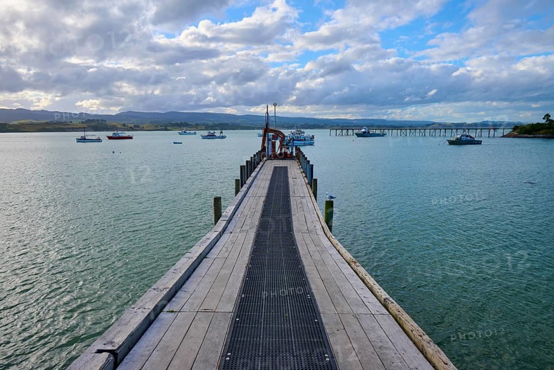 Ein Holzsteg führt ins Meer mit Booten und einer Brücke im Hintergrund, Moeraki, Hampden, North Otago, Südinsel, Neuseeland