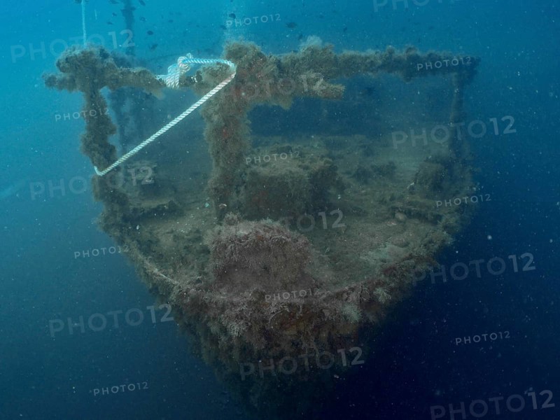 Bow of a shipwreck with rope and algae in blue water. Dive site wreck of the Vis, Pula, Croatia, Mediterranean Sea