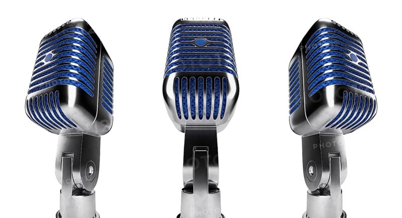 Classic vintage microphone set with blue inside mesh isolated on a white background