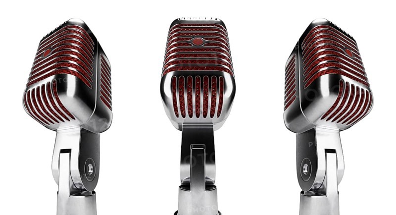 Classic vintage microphone set with red inside mesh isolated on a white background