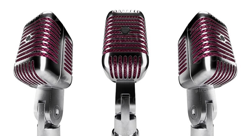 Classic vintage microphone set with pink inside mesh isolated on a white background