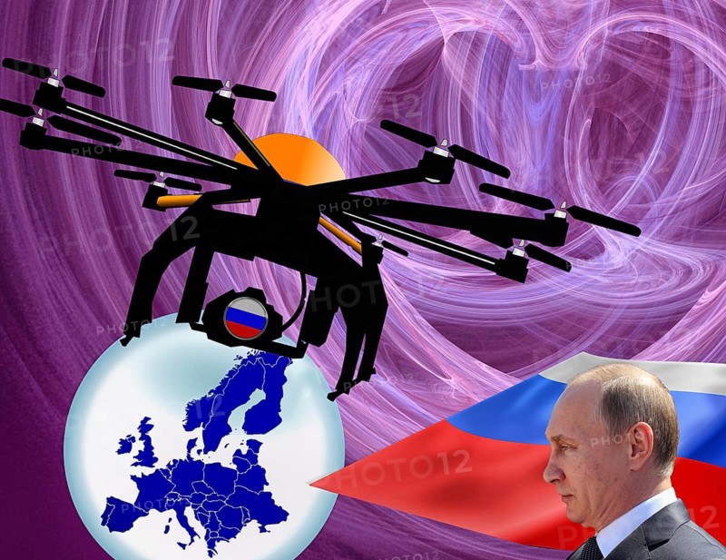 Symbolic image, Putin and Ukraine war, Russian drones over EU, sabotage by Russia, undersea cables, Baltic states, Poland, threat to European/world politics, billiards of world politics, Ukraine, Russia, danger situation, continued gas supply, arms supplies, shortage of fossil fuels, cold winter, frost, energy supply, food for third world, raw material supply