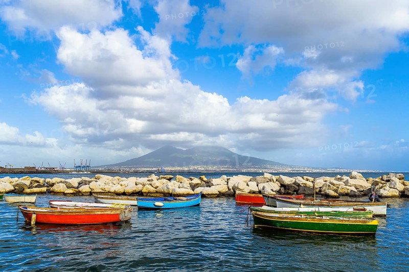 Seaside in Naples with Mount Vesuvius in backround, Campania, Italy