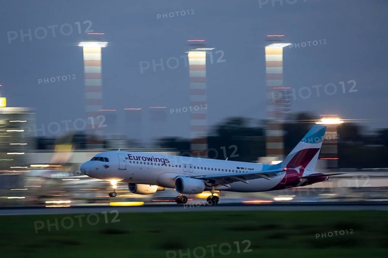 Eurowings Airbus lands at Düsseldorf Airport, North Rhine-Westphalia, Germany