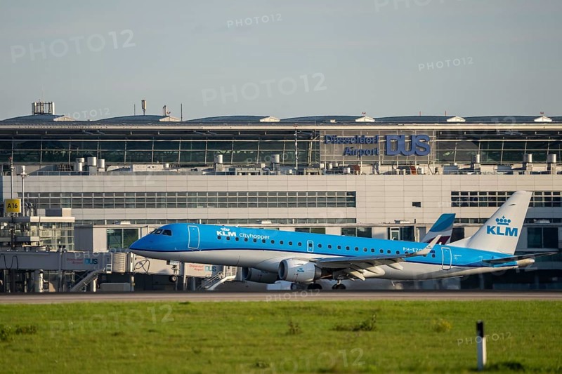 KLM City Hopper, Embraer E190STD, lands at Düsseldorf Airport, North Rhine-Westphalia, Germany