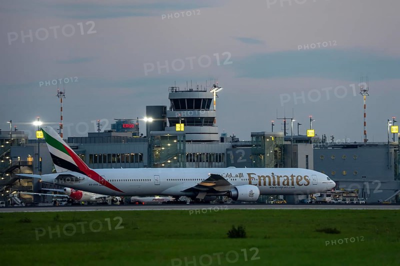 Emirates Boeing 777-300, after landing, at Düsseldorf Airport, North Rhine-Westphalia, Germany