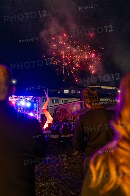 People enjoying fireworks over an illuminated outdoor event, Fire Night, Sindelfingen, Germany