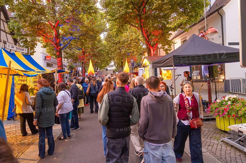 A cosy street festival in the evening with illuminated trees, tents and lots of people, accompanied by music, Fire Night, Sindelfingen, Germany