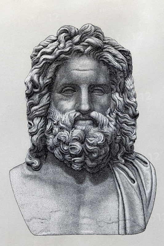 Jupiter Otricoli, historical book illustration after the marble bust, Brockhaus Konversations-Lexikon from 1908
