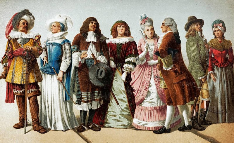 17th and 18th century clothing, couples wearing costumes, historical book illustration, colour lithograph