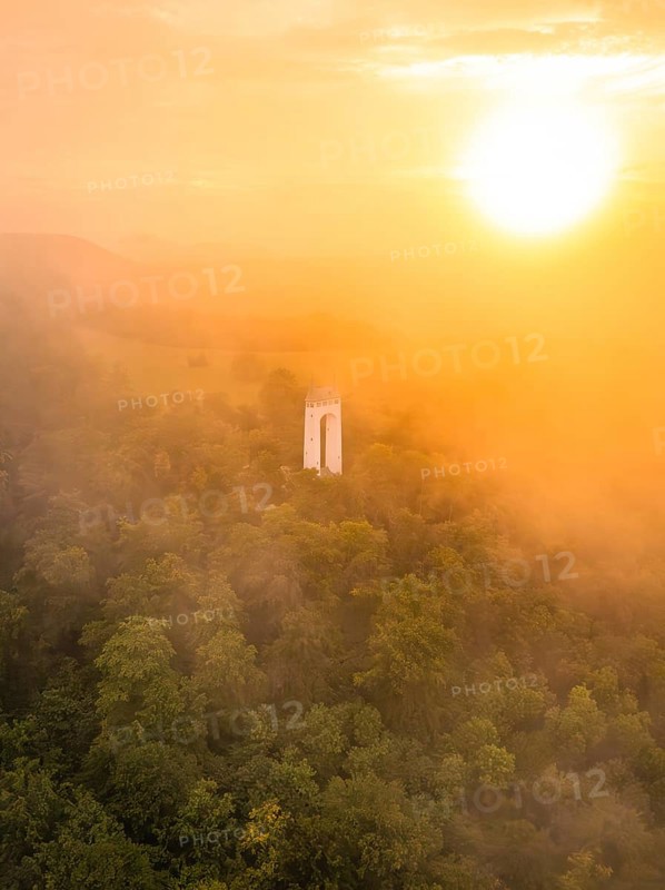 A lone tower rises out of a misty forest, illuminated by a warm sunset, Schönbergturm, Pfullingen, Swabian Alb, Germany