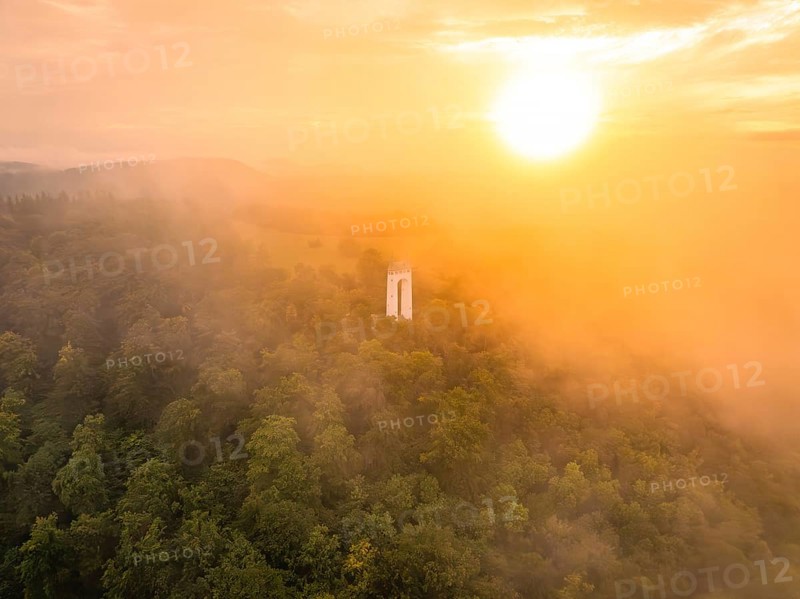 A lone tower rises out of a misty forest, illuminated by a warm sunset, Schönbergturm, Pfullingen, Swabian Alb, Germany