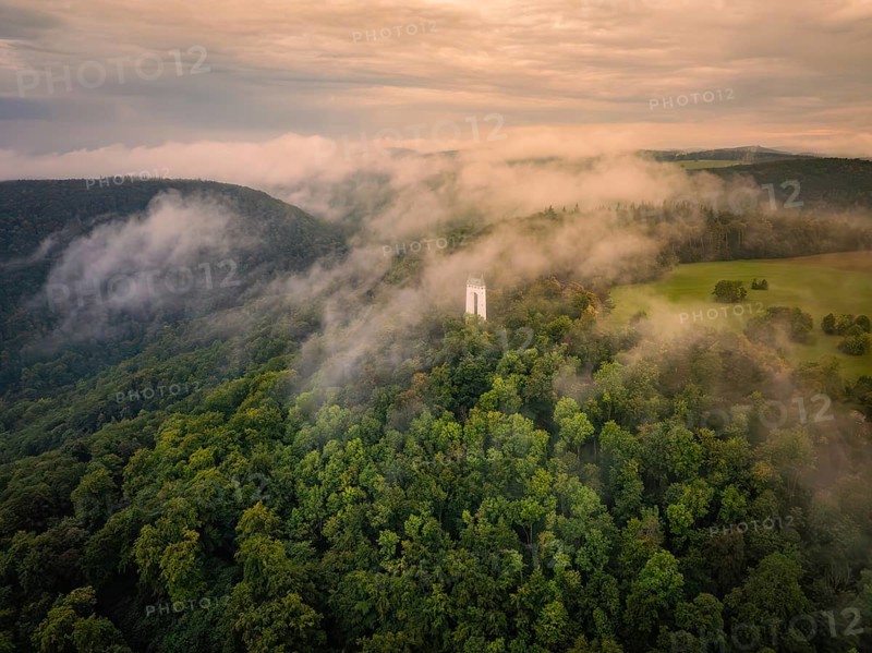 Fog envelops tower and forests, morning mood creates a peaceful atmosphere, Schönberg Tower, Pfullingen, Swabian Alb, Germany
