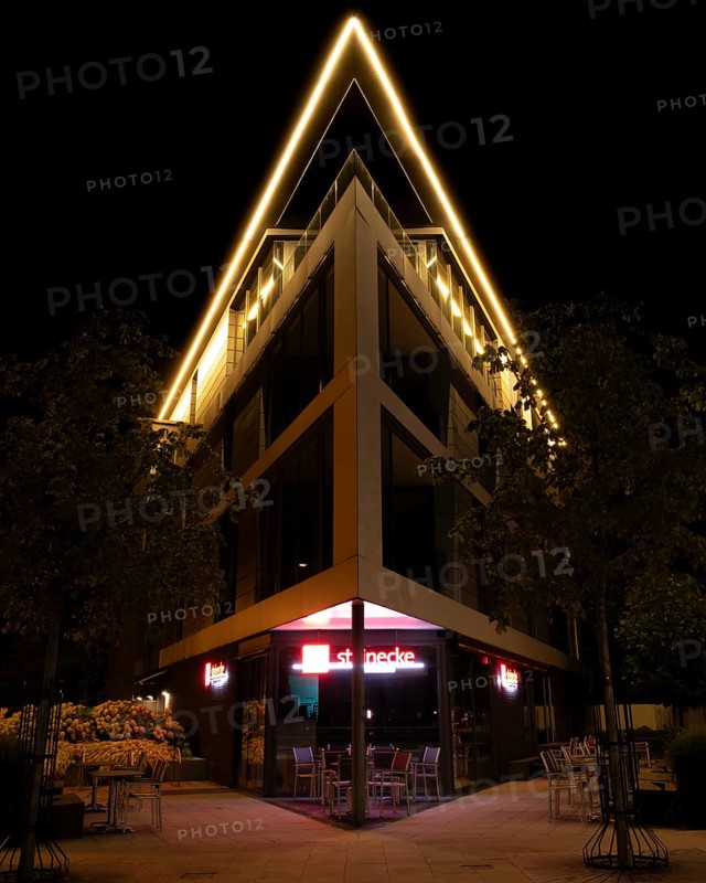 Night shot of a striking building in Hanover Herrenhausen, Hanover, Lower Saxony, Germany