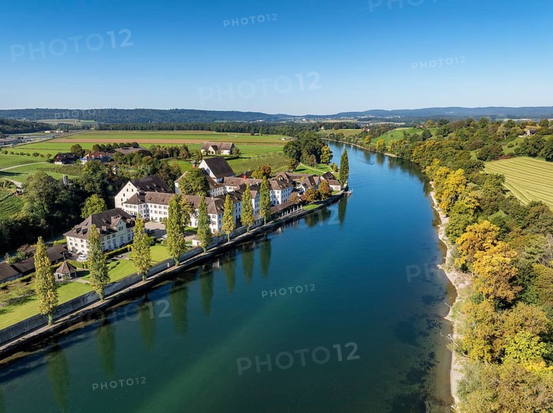 Aerial view of the former convent of the Dominican nuns St Katharinental am Rhein near Diessenhofen, Willisdorf, Canton Thurgau, Switzerland