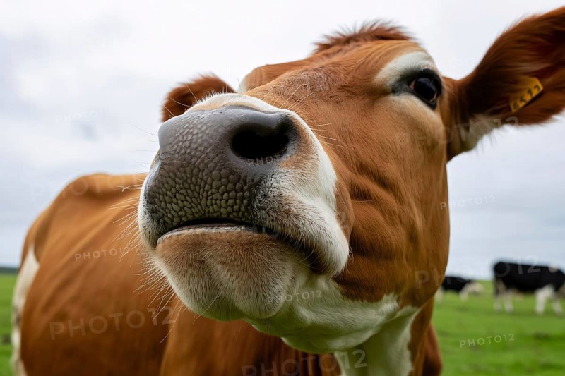 Close up of brown and white cow's nose on a meadow, AI generated