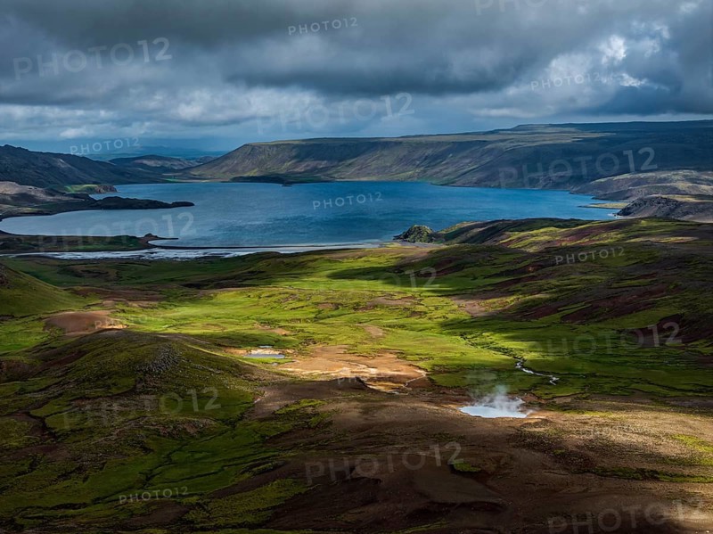 Volcanic landscape, mountains, cloudy, aerial view, summer, lake, hot springs, Krysuvik geothermal area, Reykjanes, Iceland