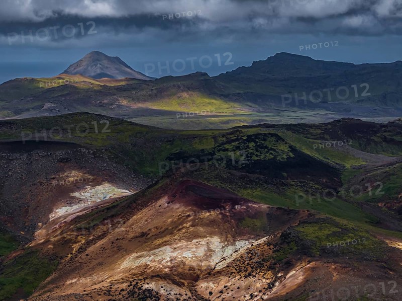 Volcanic landscape, mountains, cloudy, aerial view, summer, hot springs, Krysuvik geothermal area, Reykjanes, Iceland