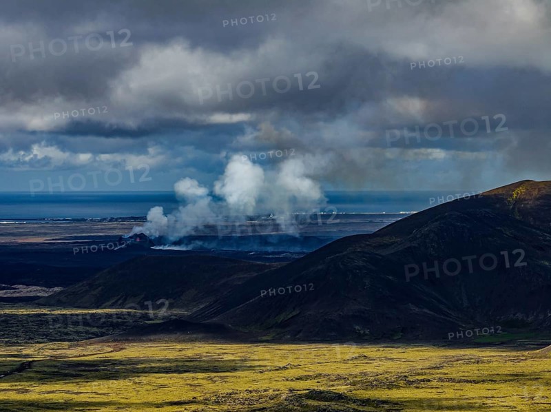 Lava, lava field, summer, cloudy, sunny, volcanic eruption, aerial view, July 2025, Grindavik, Sundhnúkur crater series, Fagradalsfjall, Reykjanes, Iceland