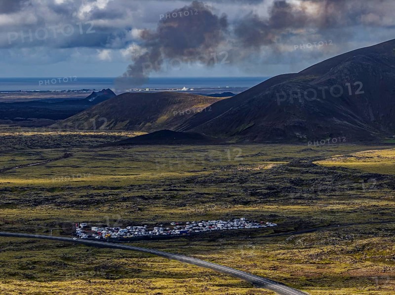 Lava, lava field, summer, cloudy, sunny, volcanic eruption, aerial view, tourists, car park, July 2025, Grindavik, Sundhnúkur crater series, Fagradalsfjall, Reykjanes, Iceland