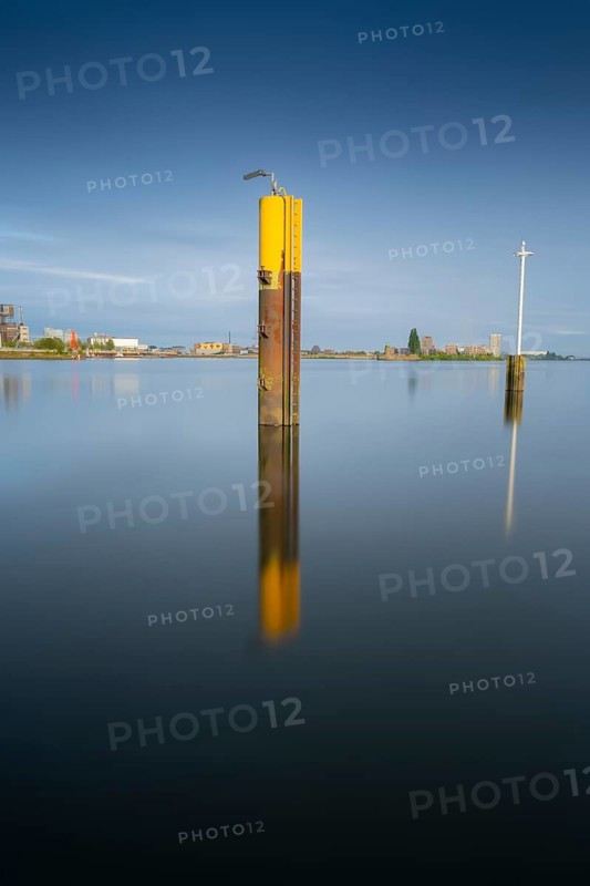 View of a steel dolphin standing in the Weser, long exposure, Bremen, Germany