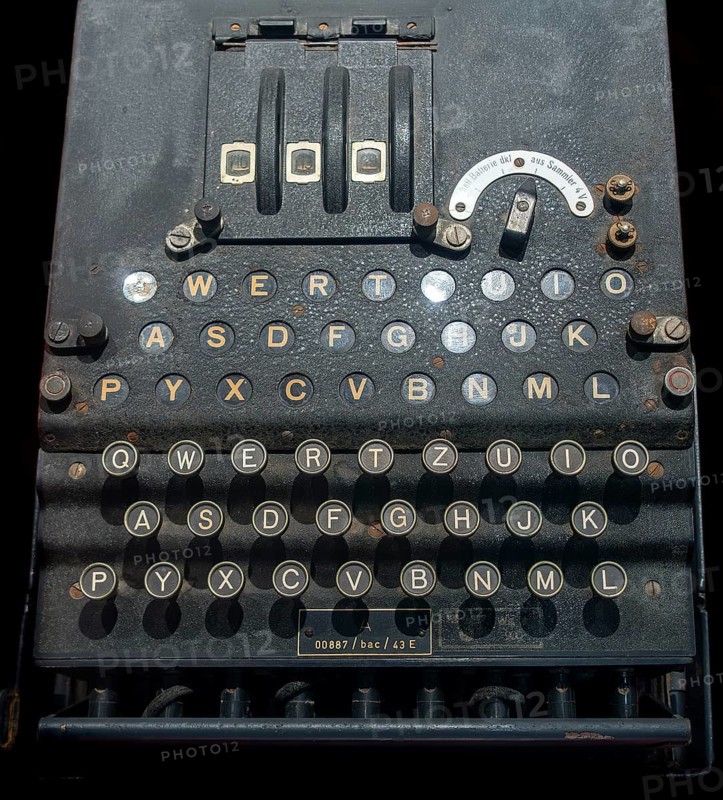 WW2 German three-rotor Enigma cipher machine for encoding top-secret military messages, used by Nazi Germany during World War Two