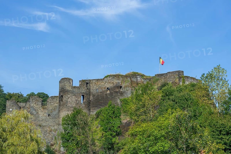 9th century medieval ruined hill castle overlooking the city La Roche-en-Ardenne in summer, province of Luxembourg, Ardennes, Wallonia, Belgium