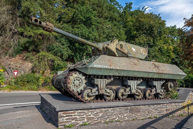 WWII Achilles M10, British tank destroyer in the town La Roche-en-Ardenne in summer, province of Luxembourg, Ardennes, Wallonia, Belgium