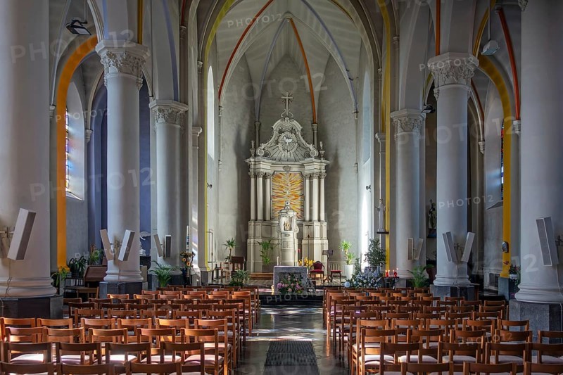 Altar of the 19th century Gothic Revival Saint Martin church in the village Beauraing, province of Namur, Wallonia, Belgium