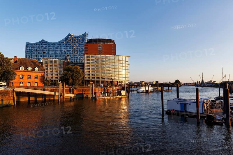 View of the Elbphilharmonie and HafenCity Gate office block from the Niederbaumbrücke bridge, evening light, HafenCity, Norderelbe, Hamburg, Germany