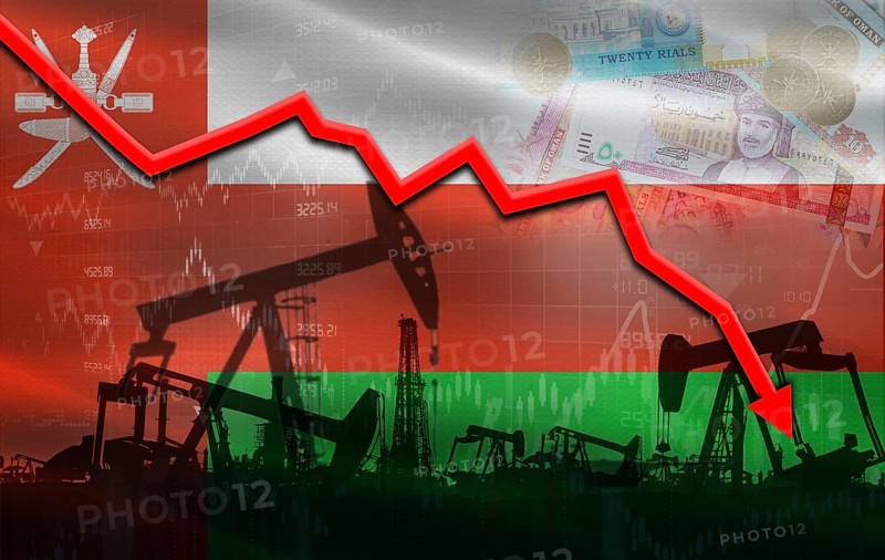 Petrol crisis with Oman flag on financial graph. Fall oil price with flag of Oman on economic chart