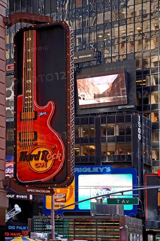 Illuminated advertising for the Hard Rock Café in Manhattan, New York City, USA