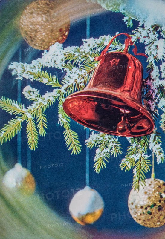 Old Christmas greeting card. Bell in branch of Christmas tree
