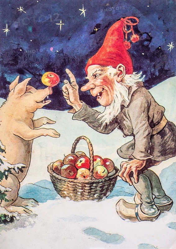 Old Christmas greeting card. Santa Claus having fun with a pig