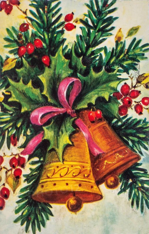 Old Christmas greeting card. Two bells tied together with green leaves and fir twigs