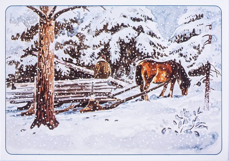 Old Christmas greeting card. Horse with log sleigh in wintry forest