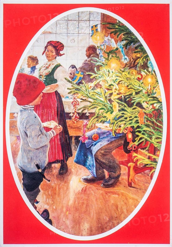 Old Christmas greeting card. Christmas in a Swedish home. Painting by Carl Larsson