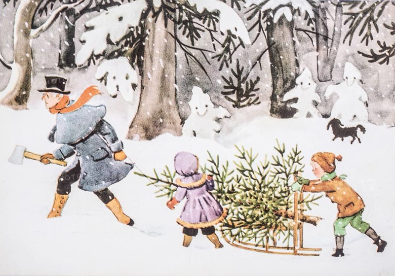 Old Christmas greeting card. A man and two children in the forest with a freshly cut fir tree on a sled on their way home through the snow. Painting By Elsa Beskow