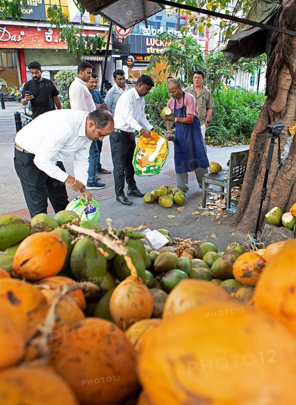 Indian man cutting a coconut, others holding sacks and watching, Begaluru or Bangalore, Karnataka, India